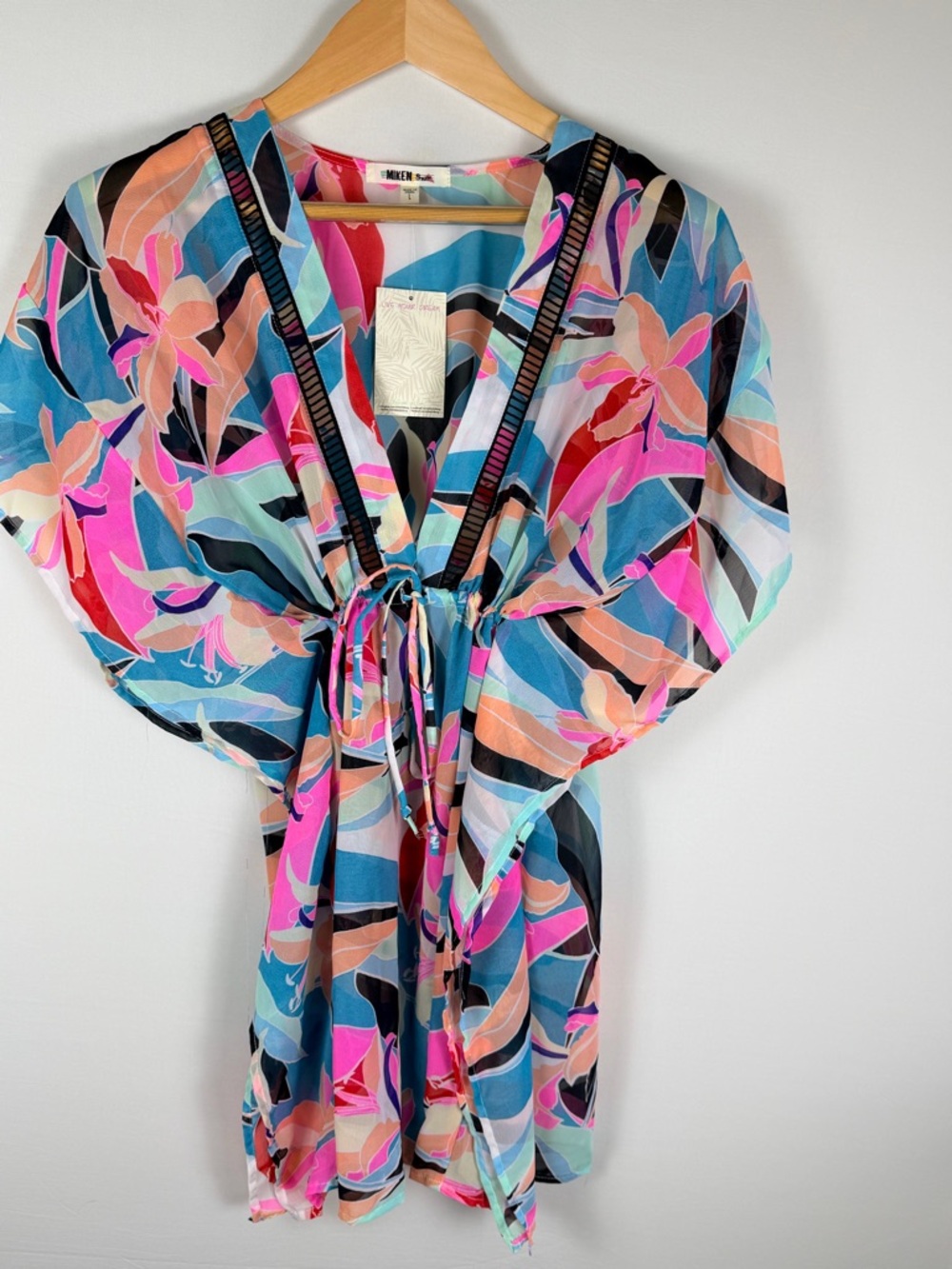 NWT Niken Swim L Sheer Tropical Kimono Cover Up Tie Waist Beach Resort Vacation